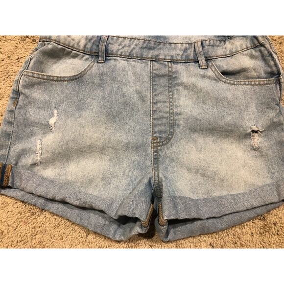 Vtg FOREVER 21 sz 27 SHORTALLS Light Rinse Distressed Denim Overalls Shorts Z21 - Picture 3 of 6